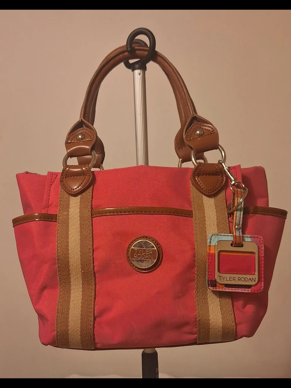 Tyler Rodan Coral Canvas Tote with Tan Trim and Multicolor Tag (13.5 X 8.5 X 4.5